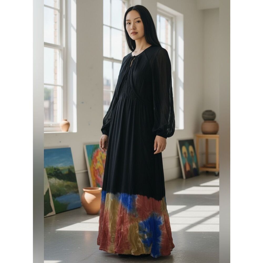 Young Fabulous & Brooke black open back tie dye hem maxi dress New Small